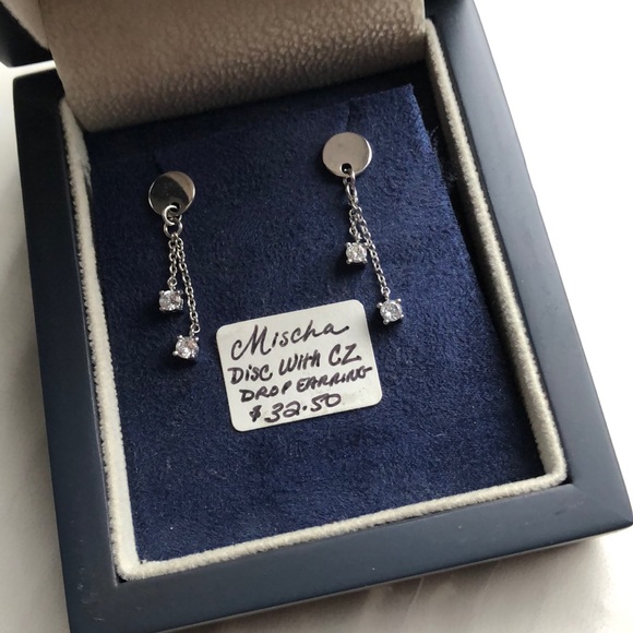 Mischa Disc with CZ Drop Silver Earrings - Picture 3 of 5